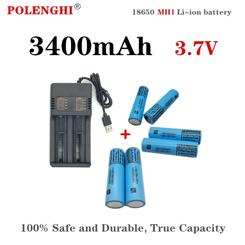 100% true capacity 3.7V 18650 MH1 3400mAh electric tool flashlight, lithium rechargeable multi-functional battery with charger