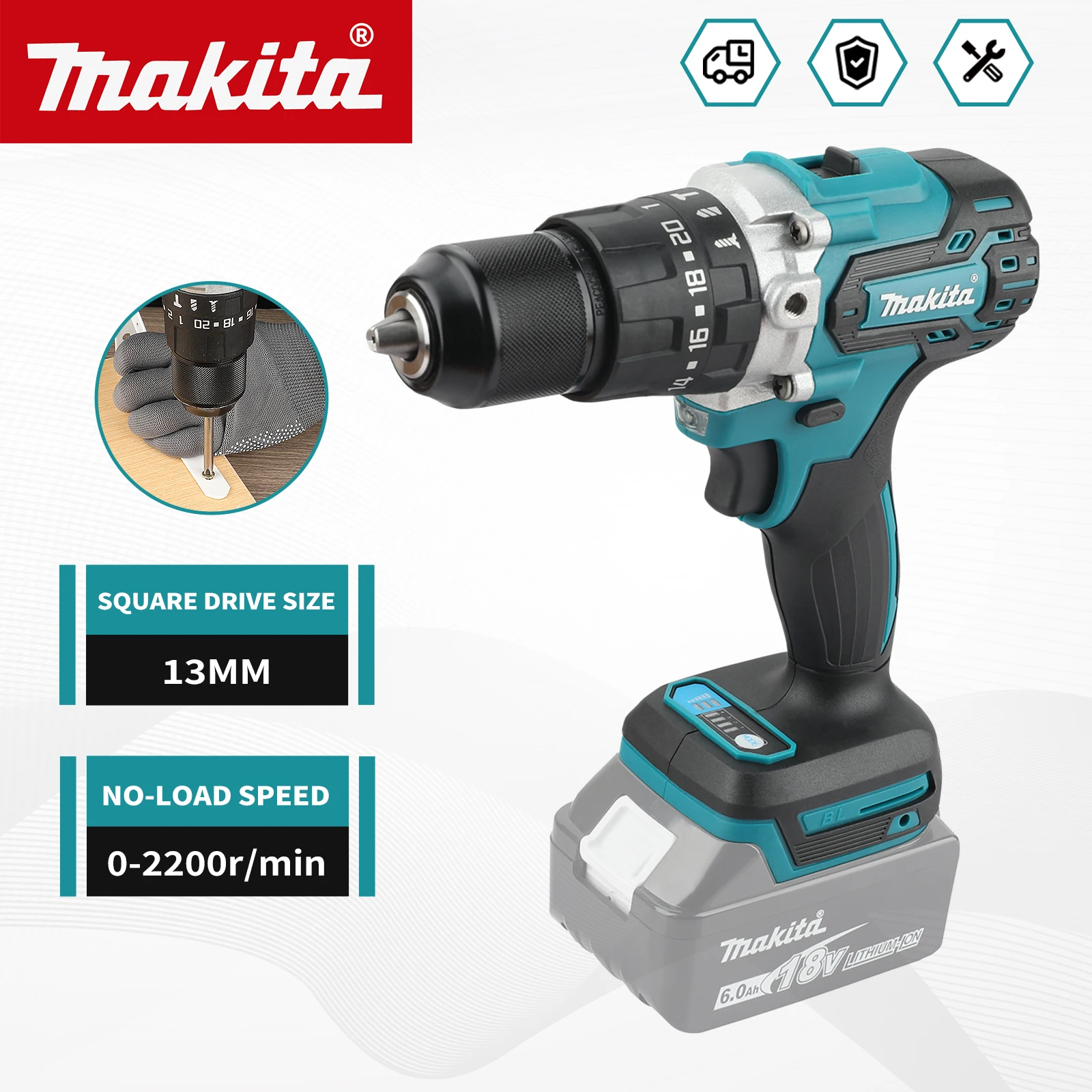 For Makita DDF487 Handheld Drill, 18V Battery, 0-2200rpm, Max 40N.m, 410W,13mm Chuck Portable Drilling Power Tool