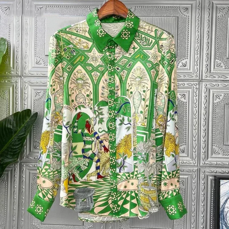 Green Print Summer Shirt Women Silk Blouse Cardigan Top Spring Autumn Long Sleeve Plus Size Vintage Shirt chemises et blouses