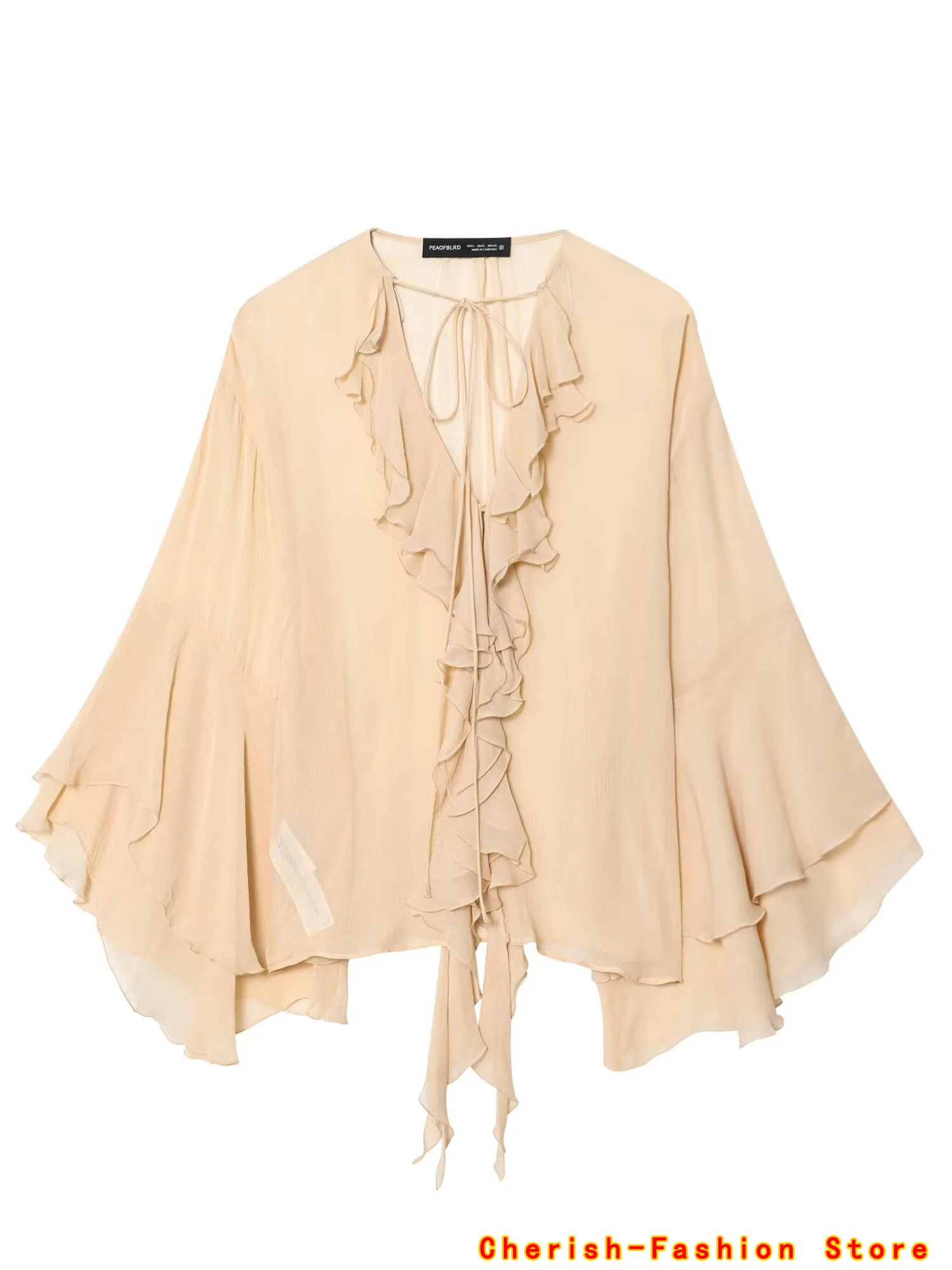 

Elegant Women's Lotus Leaf Thin Chiffon Shirt Pleated Blouse Fungus Drawstring Lace Up Long Flare Sleeve Top 2025 Spring Summer