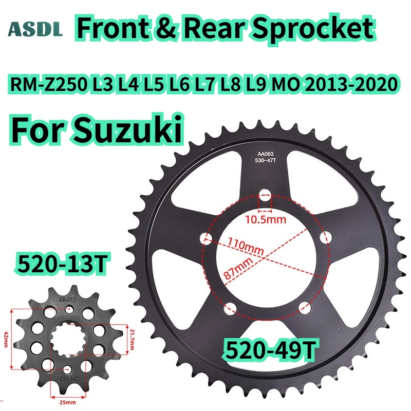520 49T 13T For Suzuki RM-Z250 Motorcycle Front and Rear Sprocket RMZ250 L3 L4 L5 L6 L7 L8 L9 MO 2013 2014 2015-2020 RM Z250