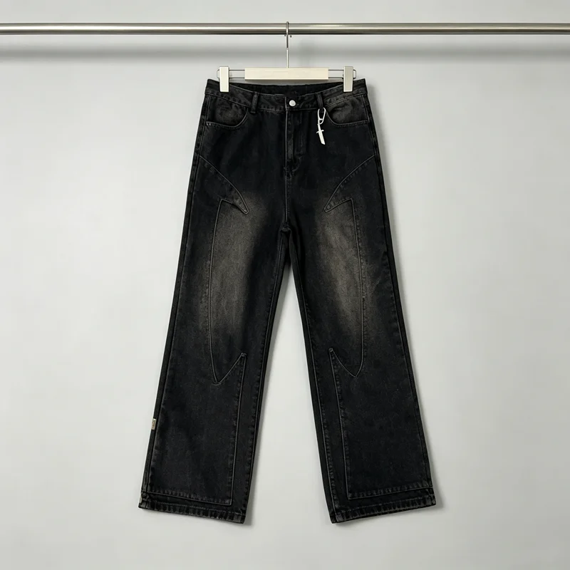 American Vescartes Embroidery Angel Pattern Loose Straight Jeans Men Women High Quality Streetwear Pants Casual Cowboy Trousers