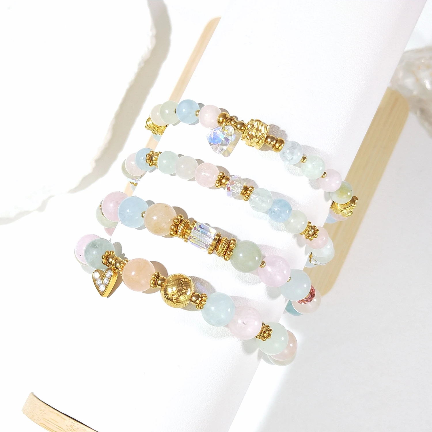 Lii Ji Natural Stone Candy  Morganite 6/8mm With Crystal Stainless Steel Elastic Bracelet