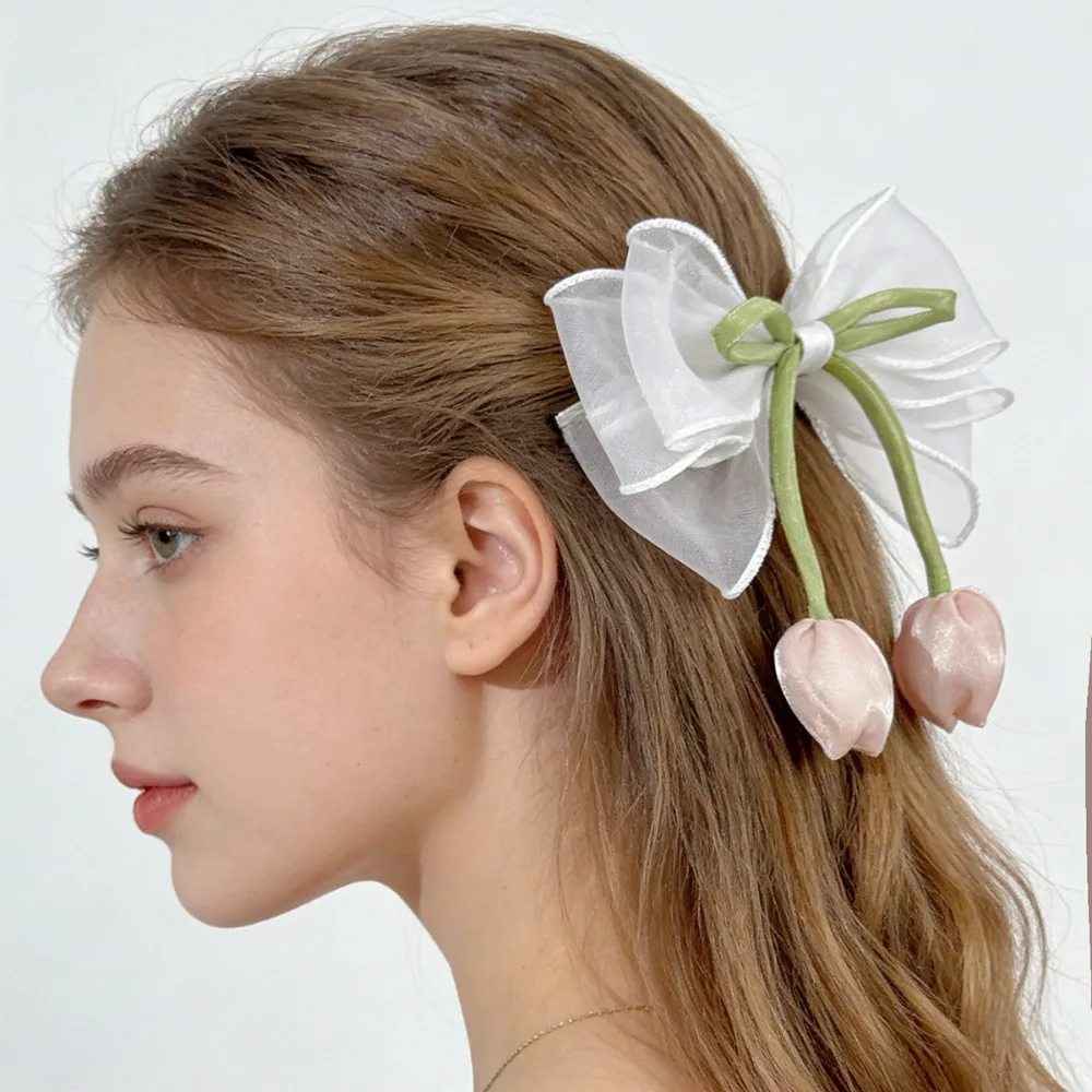 

Elegant Temperament Tulip Hair Clip Mesh Bow Women's Fresh Sweet Hair Accessories Fashionable Versatile Headwear