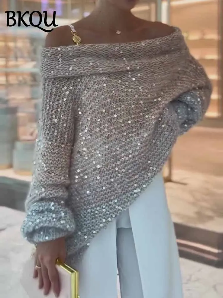 

BKQU свитер с открытыми плечами и блестками, женский элегантный свободный блестящий вязаный пуловер с рукавами-фонариками, осенне-зимний модный уличный джемпер 2025