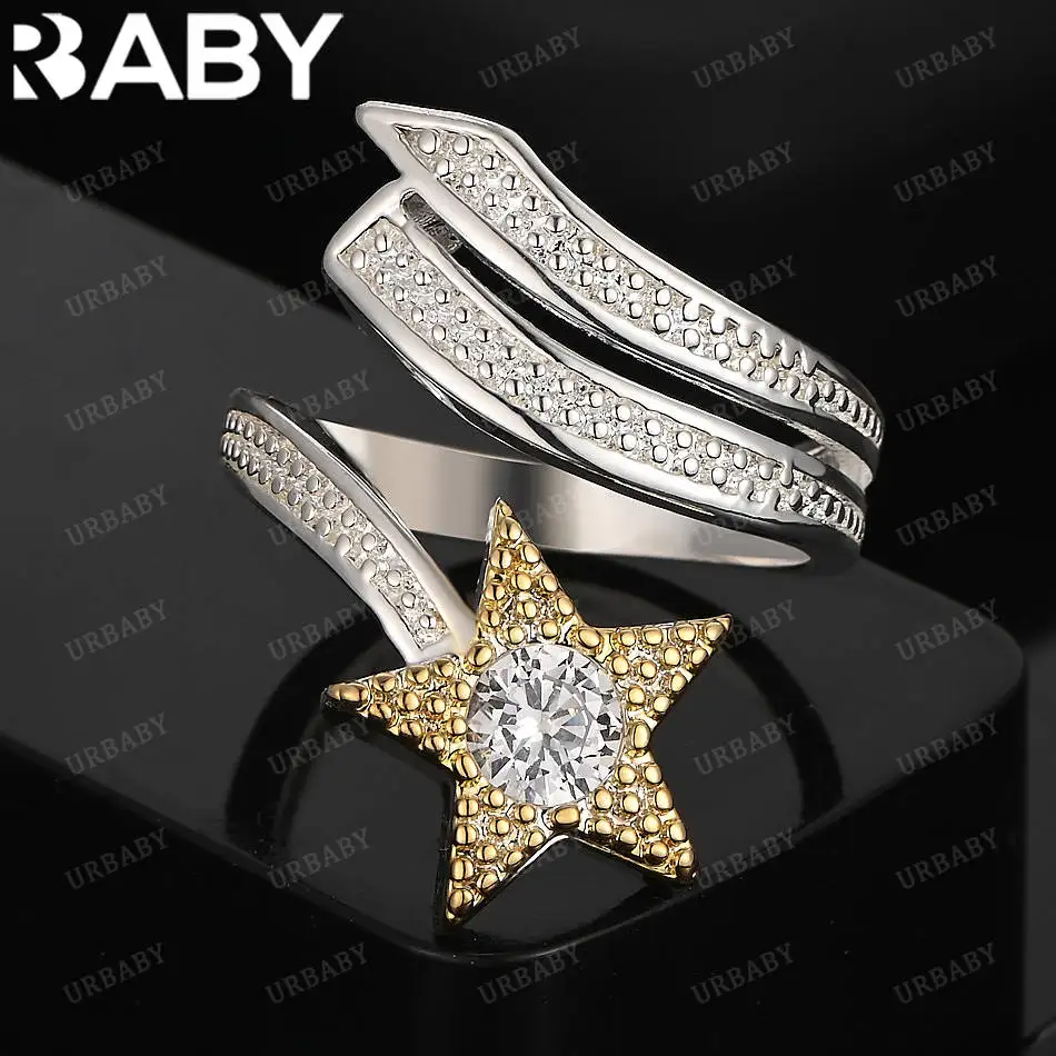 

URBABY 925 Sterling Silver Zirconia Five-pointed Star Open Ring For Women Fashion Jewelry Vintage Grace Charm Noble Party