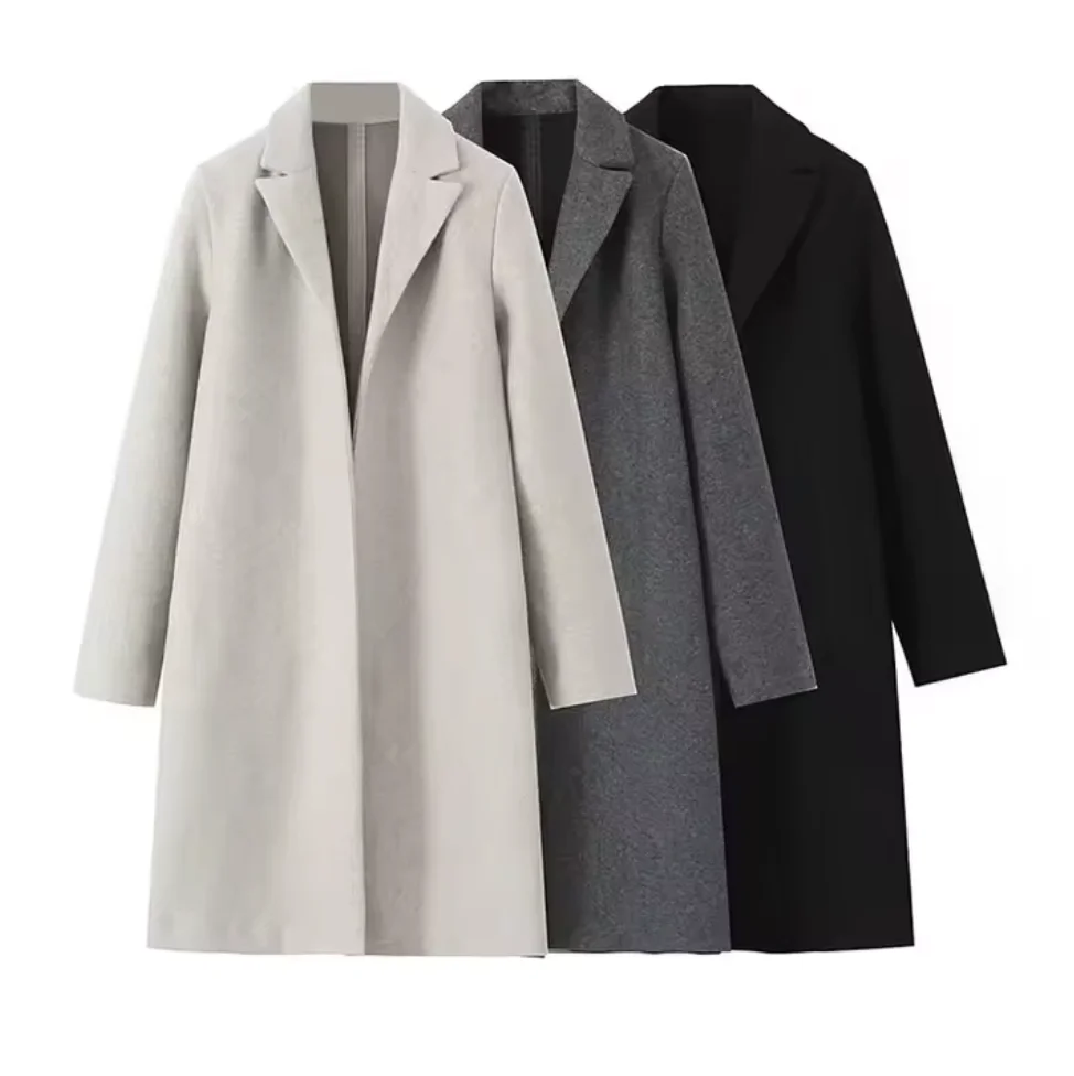 2025 Women Woolen coat Fashion Solid Open Stitch Long Trench Coats Vintage V-Neck Full Sleeves Female Chic Lady Outfits