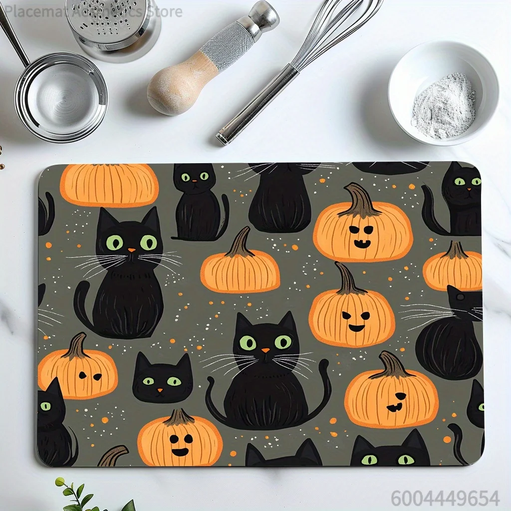 Halloween Black Cat Pumpkin Cute Bread Donut Print Super Absorbent Drying Mat, Waterproof Kitchen Counter Drain Pad Decor