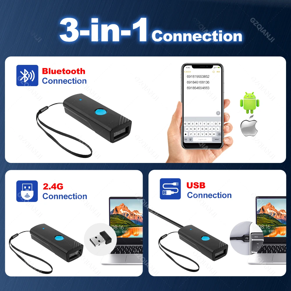 Imagem -02 - Mini Portátil Barcode Scanner 1d 2d Compatível com Bluetooth Usb 2.4ghz Leitor de Digitalização sem Fio para Inventário Tablet de Suporte Iphone