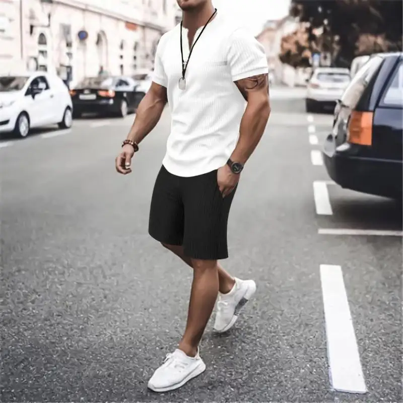 تي شيرت وشورت مخطط للرجال ، رقبة مستديرة ، أكمام ، فضفاضة ، أحادية اللون ، كاجوال ، رياضي ، جديد ، الصيف ، 2 طقم قصير #2