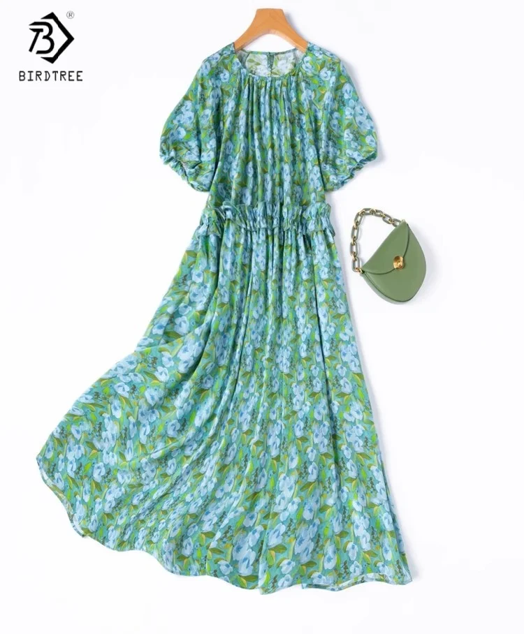 

Birdtree Women's 100% Mulberry Silk Dress,Double Crepe O-Neck Printing Flower Bud Sleeve Loose Dress,2025 New Summer D55717JF
