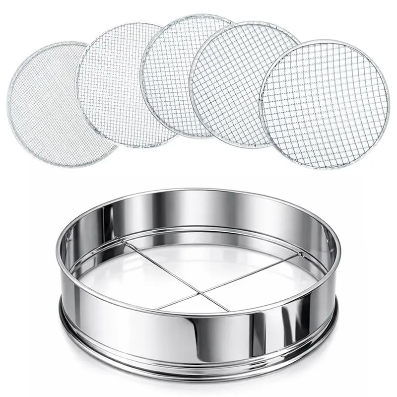 B23B Garden Sieve In Stainless Steel With 5 Interchangeable Mesh Inserts(3-12 Mm)- Metal Soil Riddle Sifter For Stone Compost