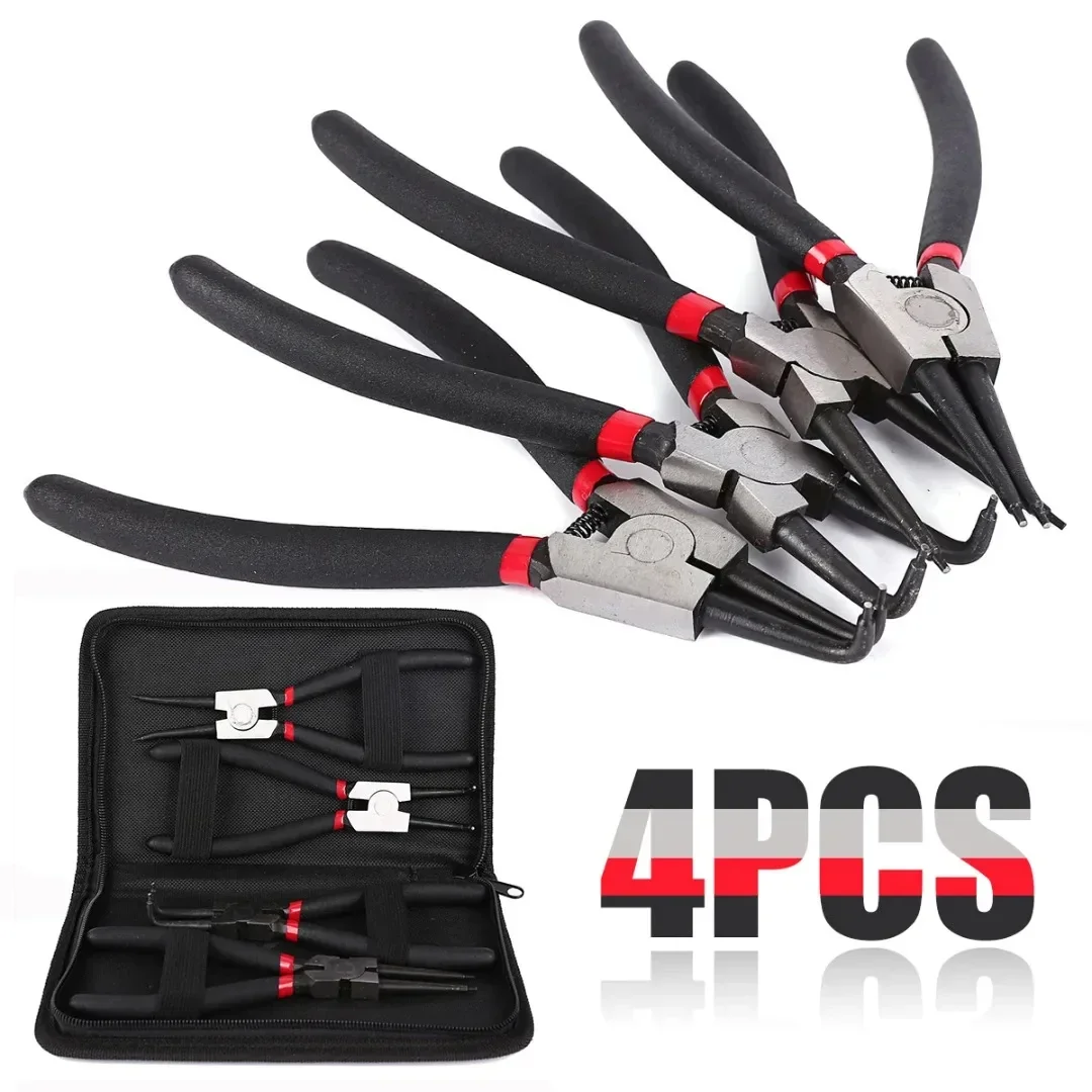 

4Pcs Circlip Plier Set 7'' Long Nose Staight Bent Plier Inner Outer Staight Bent Plier Retaining Snap Ring Remover Tool