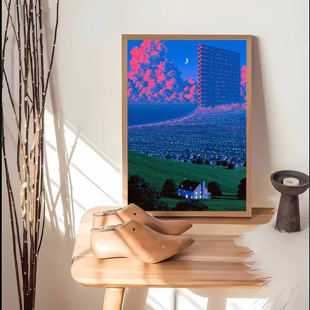 Surreal Retro Dreamscape Art Poster, Neon Pink Cloud Night City Landscape Vaporwave Surreal Building Scenery Wall Picture Decor