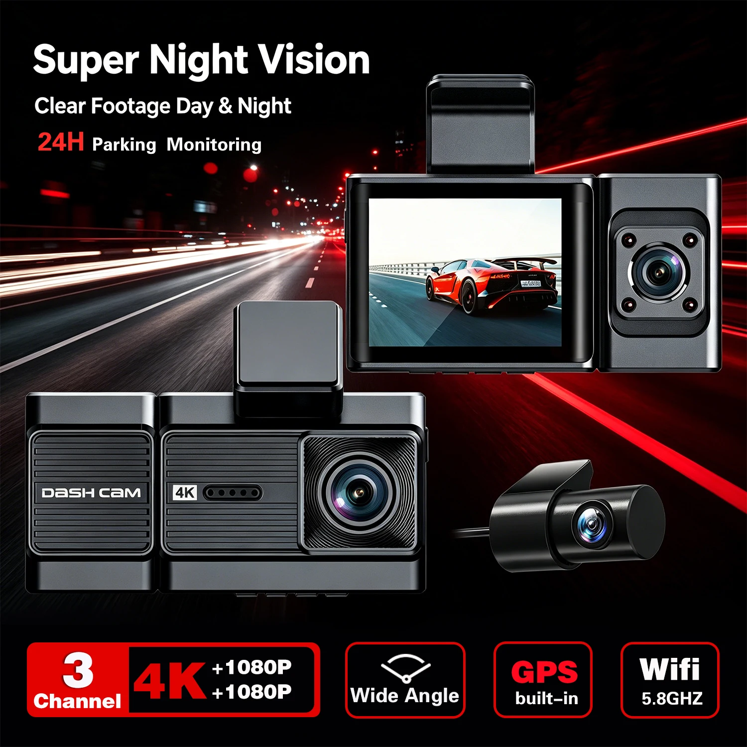 DT-NAVI A6703Pro Dash Cam 3-Channel Front 4K+Rear 1080P+Interior 1080P HDR Car DVR  Driving Record GPS WiFi  24H Parking Monitor