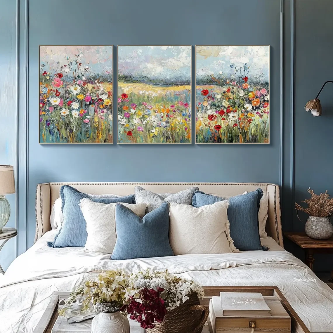 Original Landscape Oil Painting Large Floral Wall Flower Decor Artwork 3d Triptych Wall Art Vintage Rustic Wall Art Colorful Mod