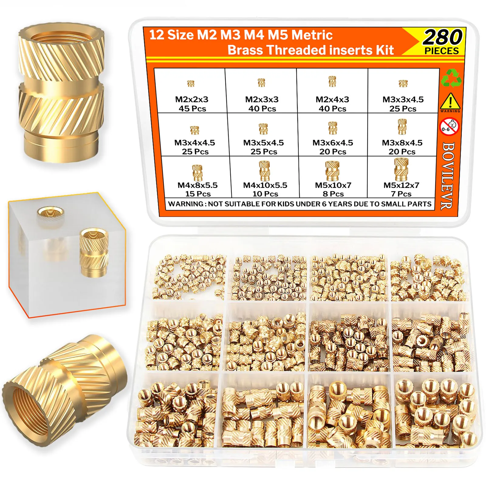 Picture 3: 280Pcs Heat Set Threaded Inserts Kit - M2/M3/M4/M5 Brass Knurled Nuts for 3D Printing (PLA/ABS/PETG/PP/PPS) & Plastic Parts