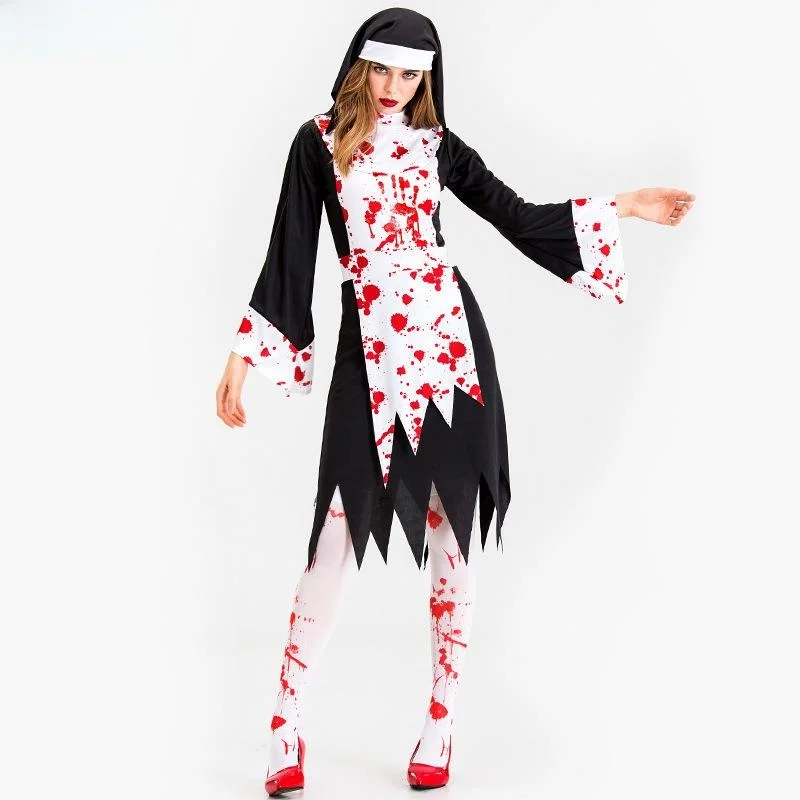 

Хэллоуин Par Devil Blood Witch Dr Bla White Splicing Женский костюм с нерегулярным подолом Фестивальный праздничный наряд