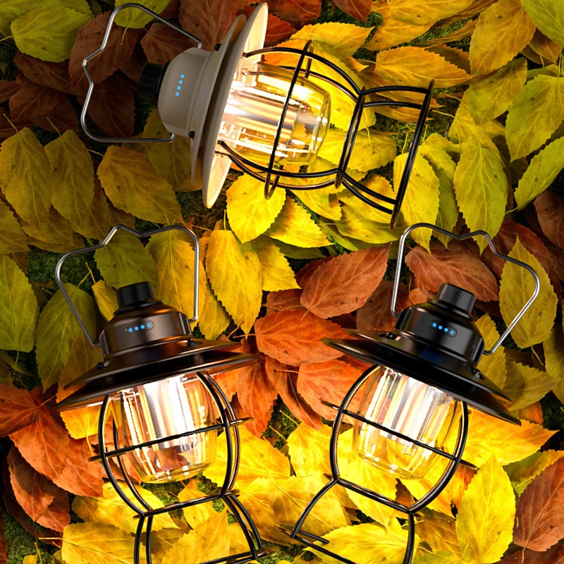 Retro Portable Camping Lantern Lamp Hanging Light 2000mAh 3 Modes Dimmable Flashlight Garden Yard Outdoor Emergency Flashlight
