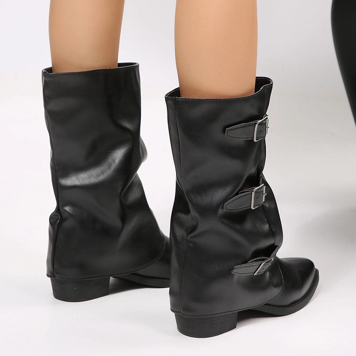 Damenstiefel Kniehoch Plateau Blockabsatz Trend Punk Gothic New Rock Leder Mode Damenschuhe Motorrad-Schuhe – Detail 7