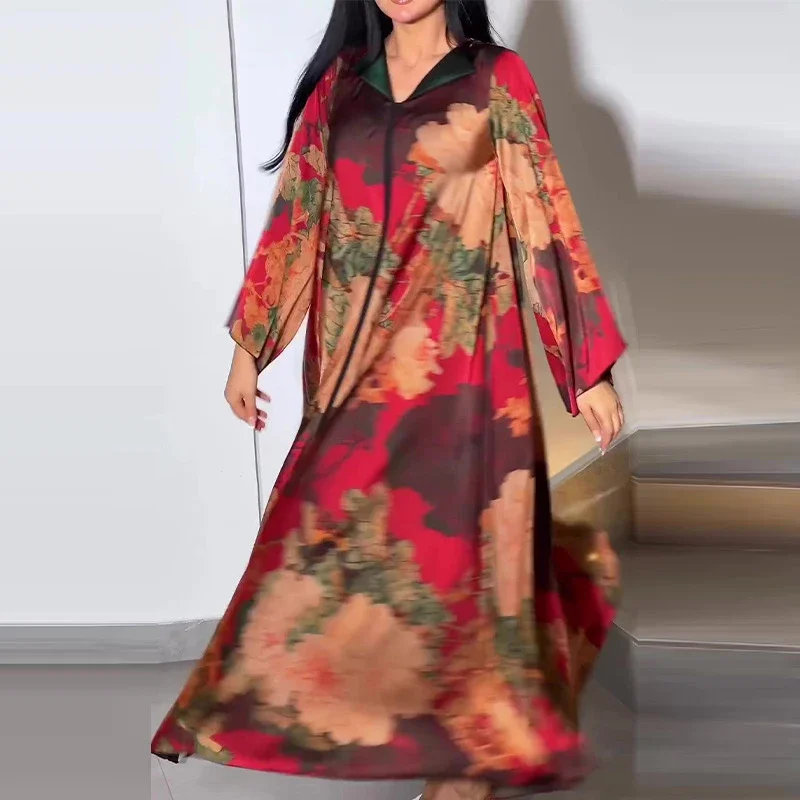 Vestido retrô étnico solto estampado feminino, elegante drapeado moda, estampa de flores de lapela sob medida, vestidos longos Bohe