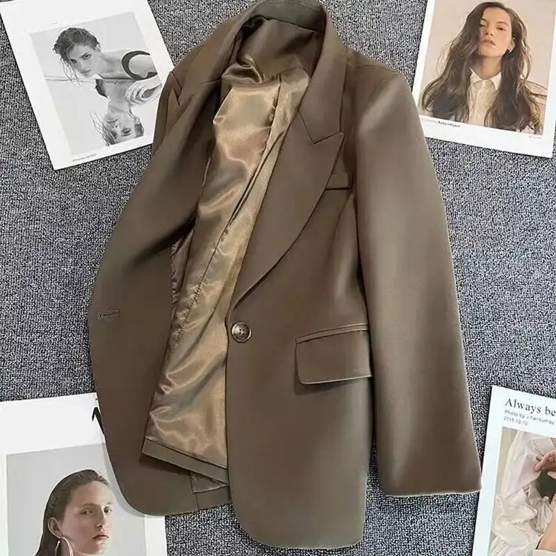 

Женские кофейные пиджаки, весенне-осенние модные модные верхняя одежда с зубчатым воротником на одной пуговице, повседневные универсальные пиджаки