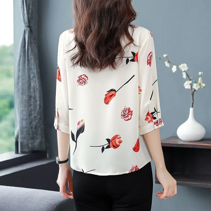 Spring Autumn Turn-down Collar Women\'s Chiffon Button Up Long Sleeve Plant&Flowers Printing Cardigan Shirt Casual Elegant Tops