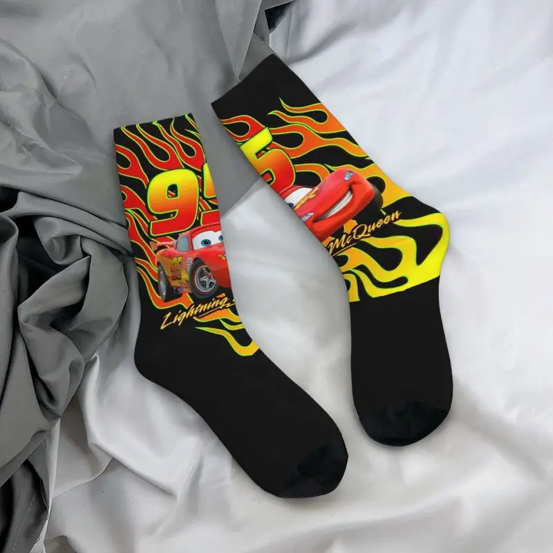 Funny Printed Racer Lightning McQueen Socks for Women Men Stretch Summer Autumn Winter Cartoon Cars Crew Socks