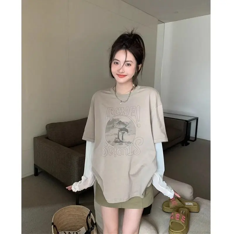 Spring Summer Niche Printed Fake Two-piece Short-sleeved Right Shoulder T-shirt Sleeves Casual Long-sleeved Cotton Bottoming Top