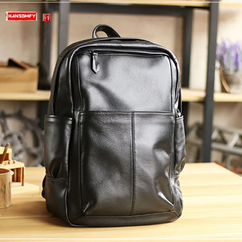 Soft Black Leather Men Backpack British Fashion Trend Korean Travel Backpacks Schoolbag Male Business Computer Bags 2024 New