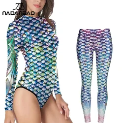 Nadanbao Womens Bodysuits Swimwear Mermaid Two-Piece Suit Fish Scale Print Long Sleeves Cosplay Costume with Stretch Leggings