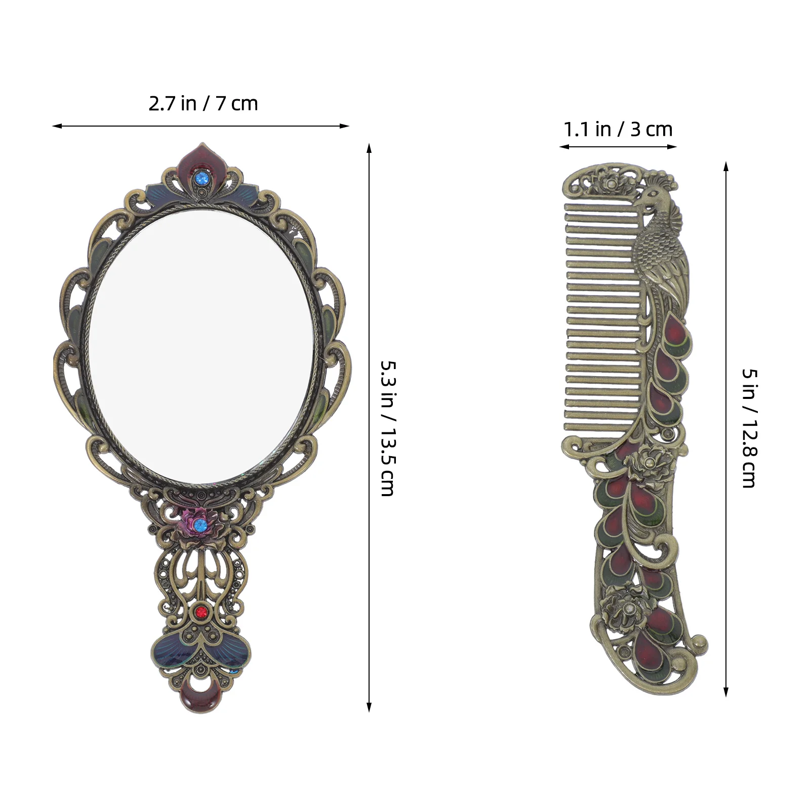 1 conjunto de espelho de maquiagem de metal vintage portátil pavão espelho compacto pente conjunto leve portátil alça de viagem espelho,