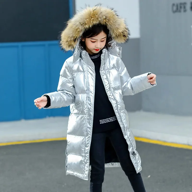 

winter down jacket girl clothes medium-length big Children's bright face Western style clothing parka real fur coat snow suit