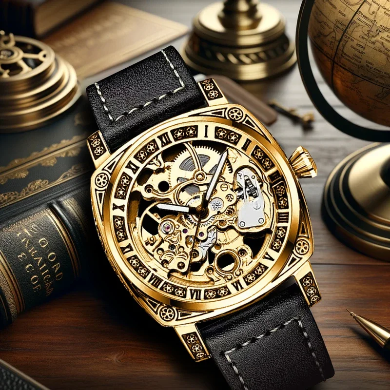 New Men mechanical watch Business retro style hollowed out luminous leather strap elegant Man carved mechanical wrist watches