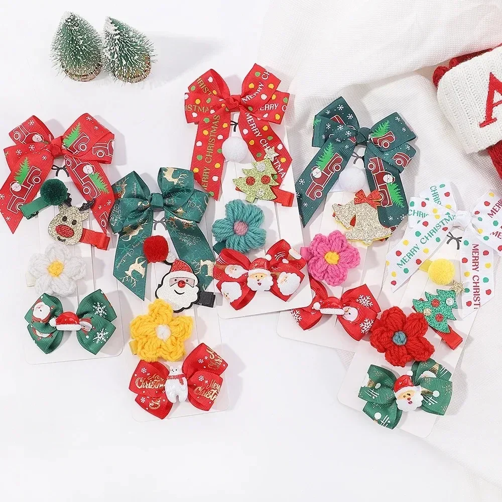 

5pcs 4'' Christmas Elk Bow Hair Clips Set for Baby Girls Cute Cartoon Hairpins Barrettes Side Clip Headwear Hair Accessories