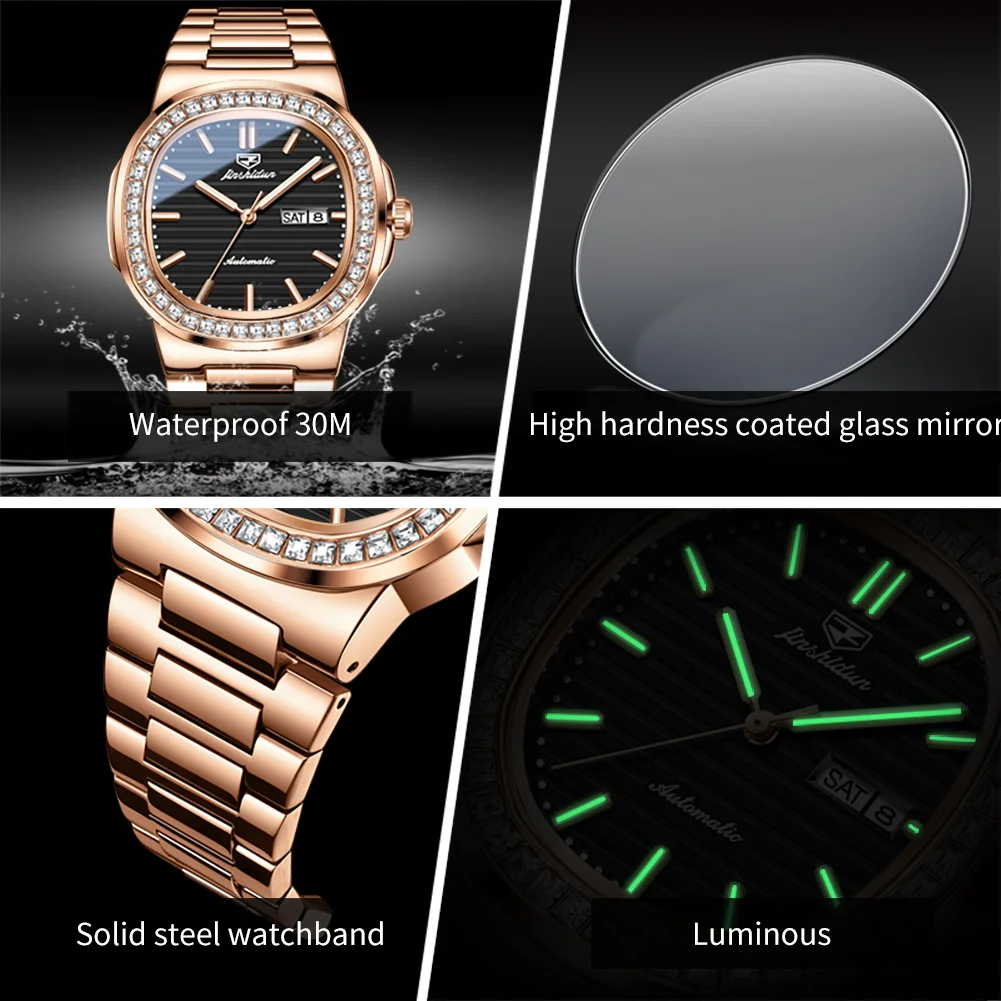 JSDUN Fashion Automatic Mechanical Mens Watch Original Waterproof Wrist Watch Men Luxury Rose Gold Stainless Steel Watch for Men