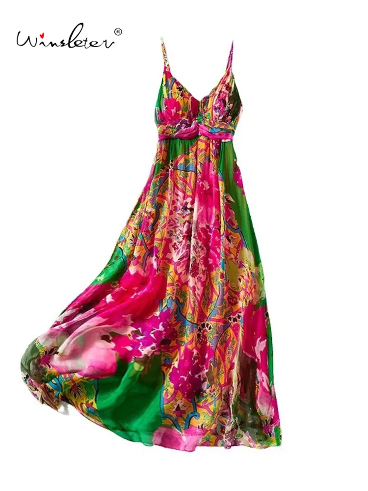 Vestido longo feminino sexy estampado, 100% seda amoreira, vestido de praia de férias à beira-mar, primavera, verão, novo, D3D004QC, 2022