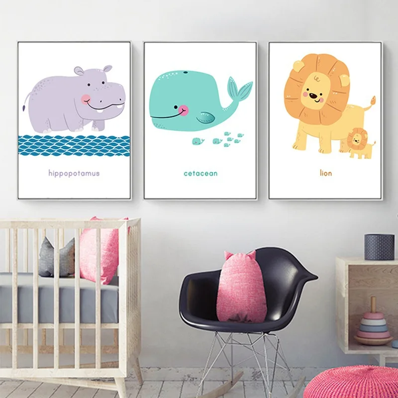 

Hot-selling simple cartoon animal hippo lion whale bedroom children's room decoration canvas painting