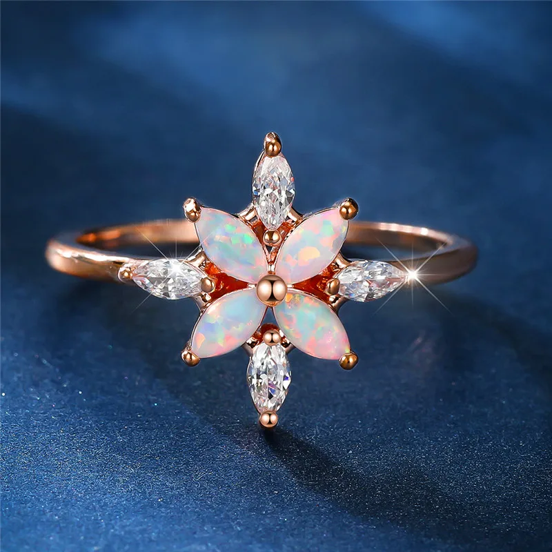 Cute Female White Fire Opal Stone Ring Charm Rose Gold Color Flower Wedding Jewelry For Women