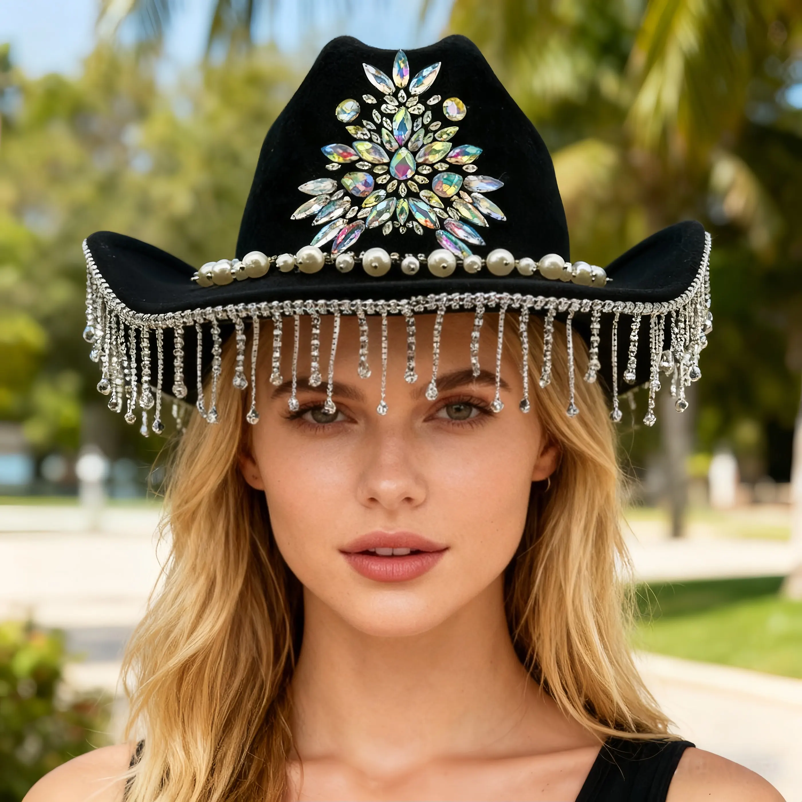 

HongLuan Black Luxury Costume Hat Adult, Disco Cowboy Hats Rhinestone for Woman, Cowboy Cosplay Female Accessories & Cowgirl Cap