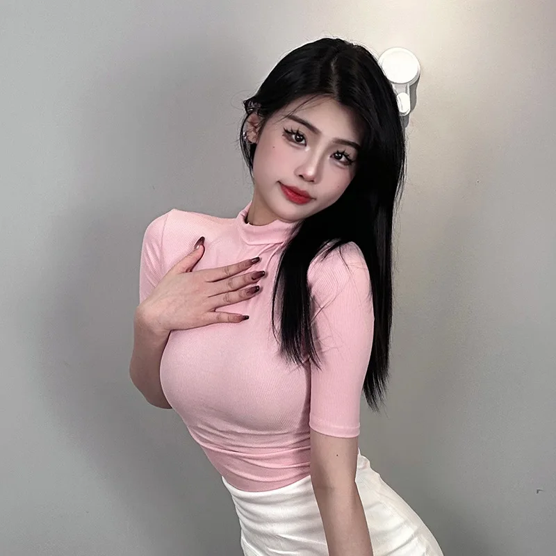 Korean Dongdaemun Slim Fit Sexy Bust-Enhancing Pure Desire Half-High Collar Versatile Short Sleeve T-Shirt Top for Women   UPZI