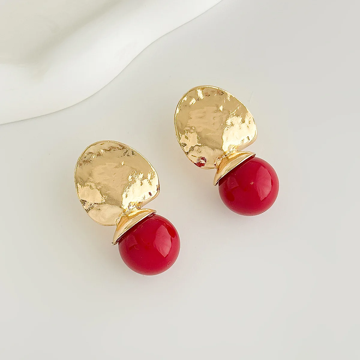 Vintage Geometric Irregular Statement Earrings with Red Beads