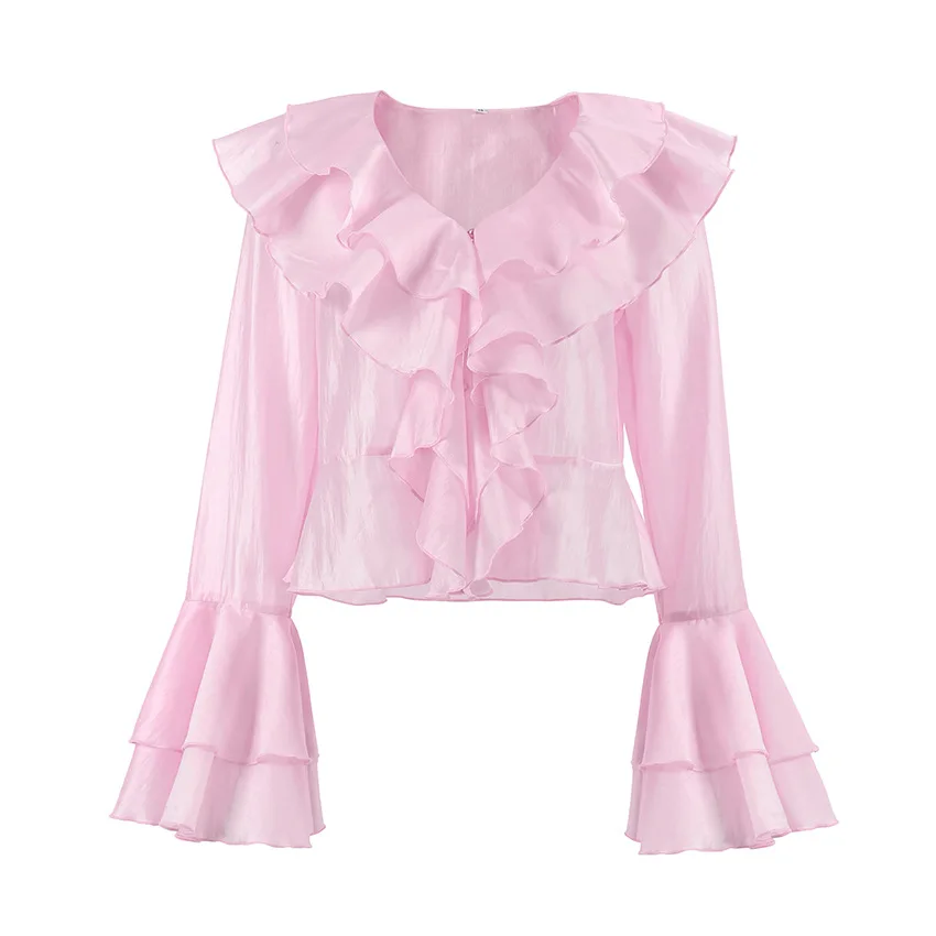 بلوزة شيفون فرنسية مكشكشة للنساء، تصميم ربيعي 2025، رقبة على شكل حرف V وردي، قميص بأكمام منتفخة