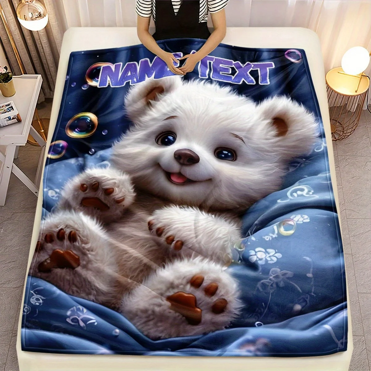 Personalisierter individueller Name-Bär auf blauer Decke, bedruckt, weicher, warmer Flanell-Überwurf für Sofa, Schlafzimmer, Wohnzimmer, Couch, Stuhl, Büro