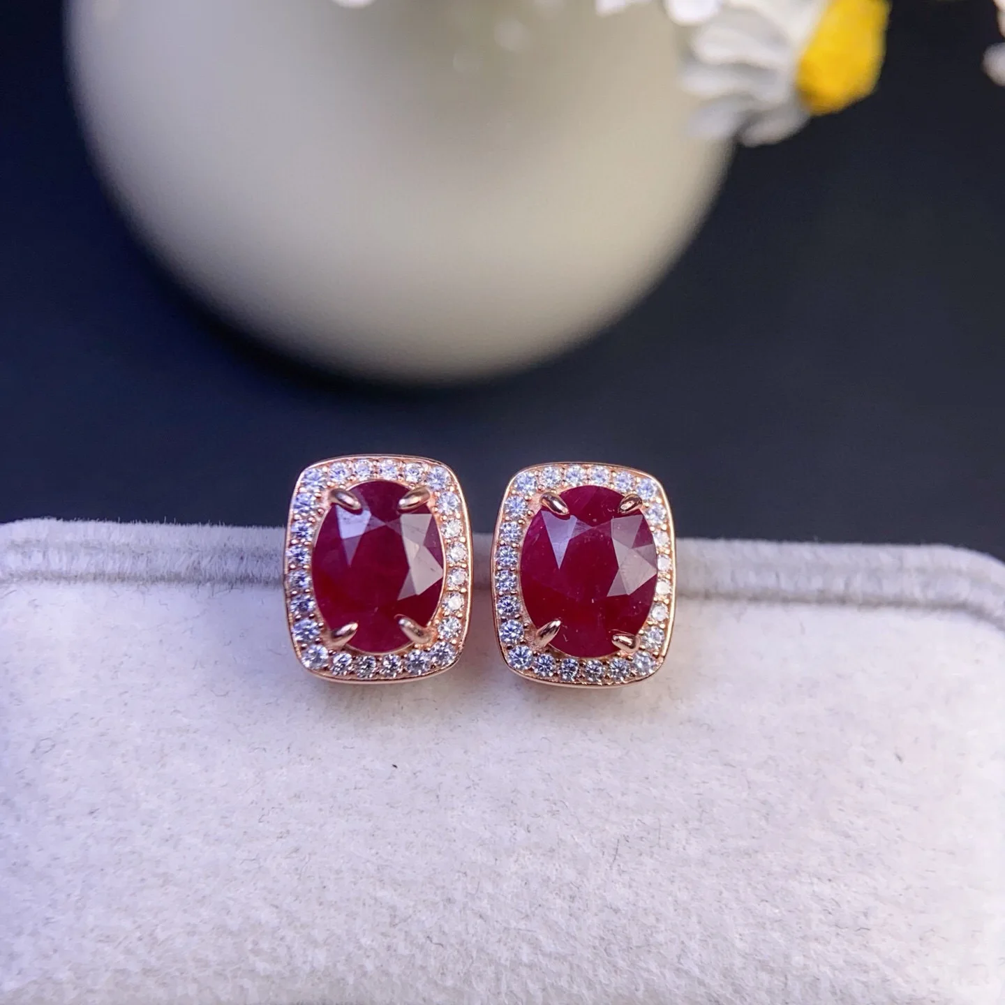 Heated Burmese Ruby Stud Earrings, Pigeon Blood Red 7x9mm Main Stones 925 Silver Setting, Elegant Gemstone Jewelry Gift
