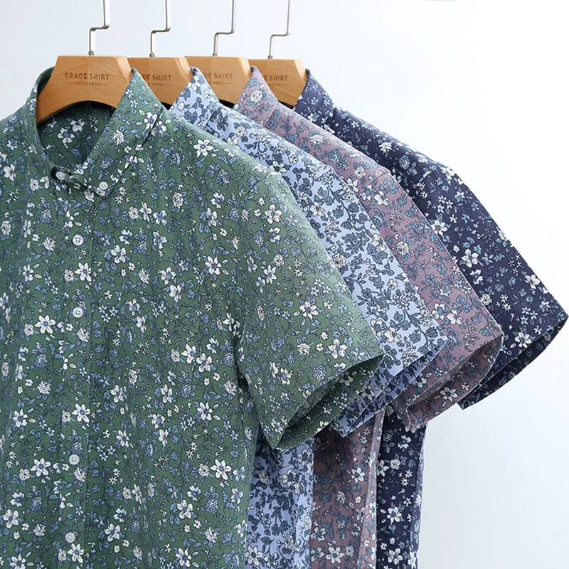 Summer Shirt Print Men Short Sleeve Leisure Streetwear 100% Cotton Oxford Floral Button Down Male Dress Shirt Plus Big Size 7XL