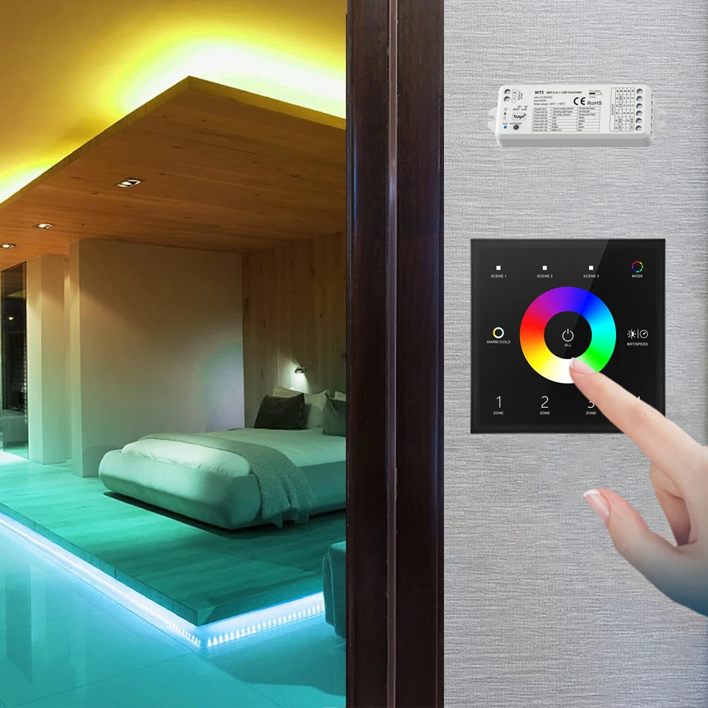 WT5 WiFi RGB+CCT Light LED Controller 12V 24V RF 4-zone Wall Mounted Touch Remote Tuya Smart Life APP for Alexa Google Assistant