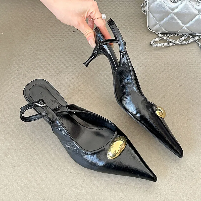 Fashion Metal Rivet Footwear Shallow Women Medium Heels Pumps Shoes 2025 Female Slingbacks Pointed Toe Ladies Thin Heels Shoes