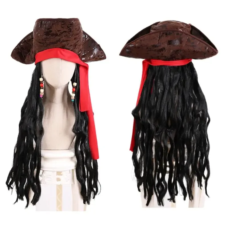 Adult Men's Caribbean Pirate Hat Wig Halloween Stage Performance Pirate Captain Costume Wig Party Accessories Jack Sparrow Wig