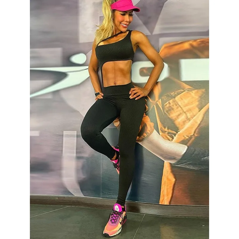 Krisnanas Sports One Piece Jumpsuits Woman Clothes Sports Suits Solid One Shoulder Waist Cutout Yoga Suits Sportswear 106226